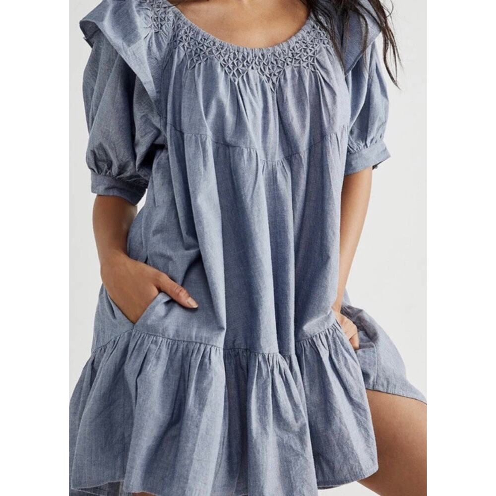 Free People Amelie Denim Mini Dress Blue Chambray Ruffle Puff Sleeve XS EUC - Picture 3 of 13
